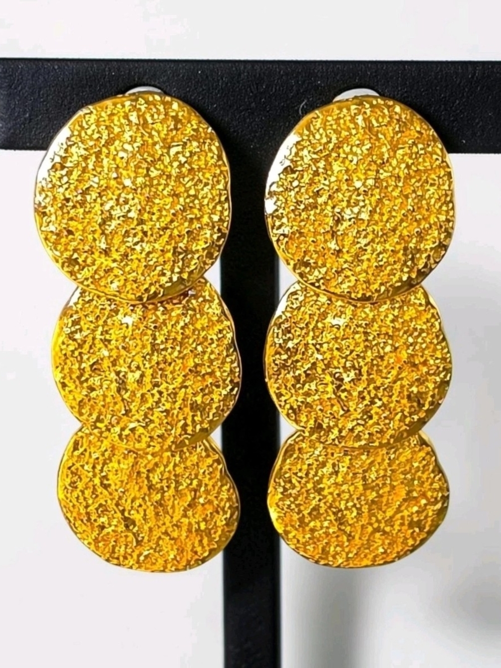 Vintage Norma Jean Textured Triple Disc Drop Statement Runway Bold Clip Earrings